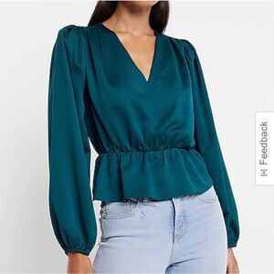 Express Size XS V Neck Puff Sleeve Peplum Top Teal MSRP $64 Casual Chic
